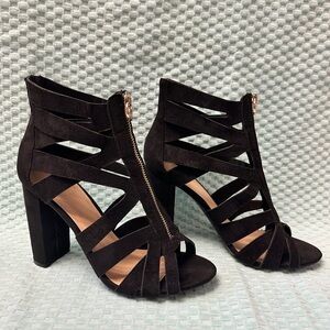 Charlotte Russe Black Strappy Block Heel Sandals with Front Zip